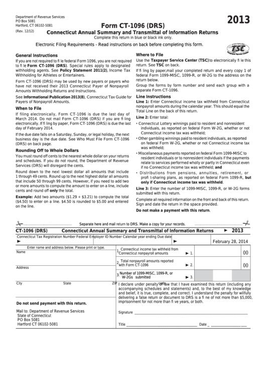 Form Ct-1096 (drs) - Connecticut Annual Summary And Transmittal Of Information Returns - 2013