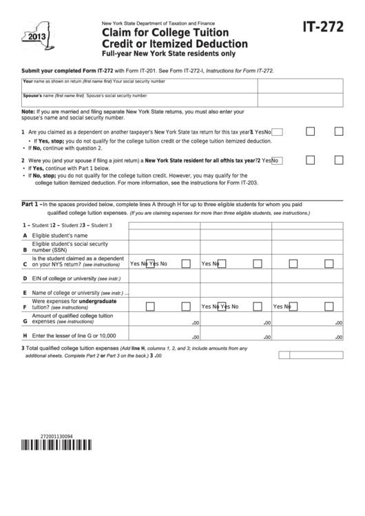 Fillable Form It-272 - Claim For College Tuition Credit Or Itemized Deduction - 2013 Printable pdf