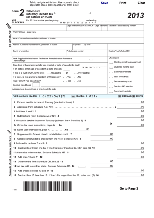 Fillable Form 2 - Wisconsin Fiduciary Income Tax For Estates Or Trusts - 2013 Printable pdf