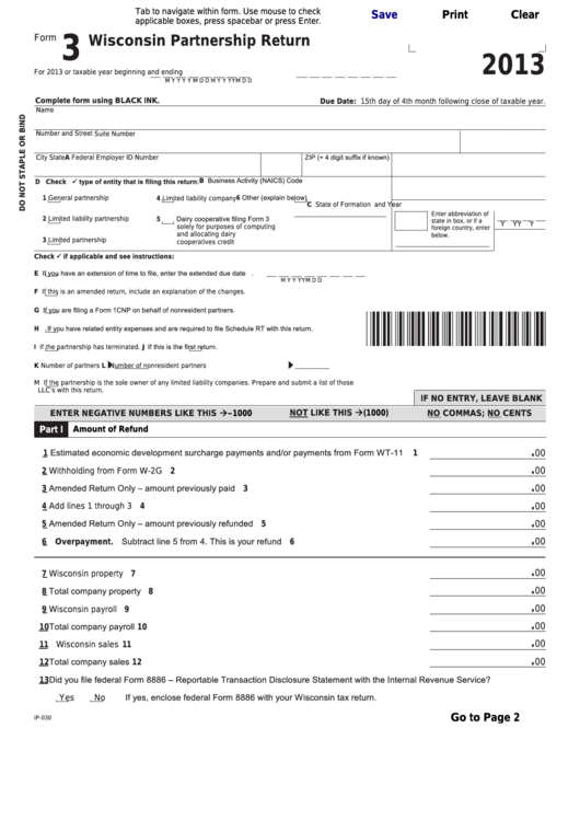 Fillable Form 3 - Wisconsin Partnership Return - 2013 Printable pdf