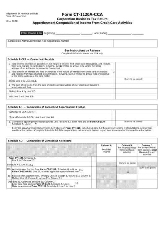 Form Ct-1120a-Cca - Corporation Business Tax Return Apportionment Computation Of Income From Credit Card Activities Printable pdf