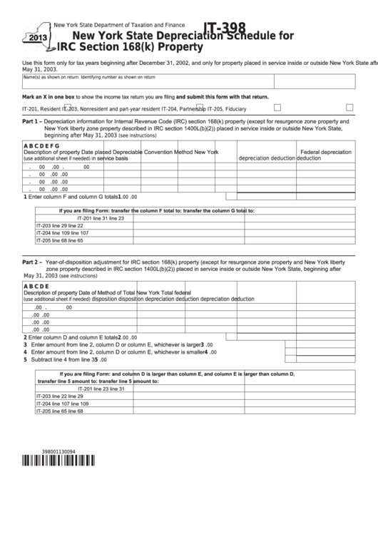 Fillable Form It-398 - New York State Depreciation Schedule For Irc Section 168(K) Property - 2013 Printable pdf