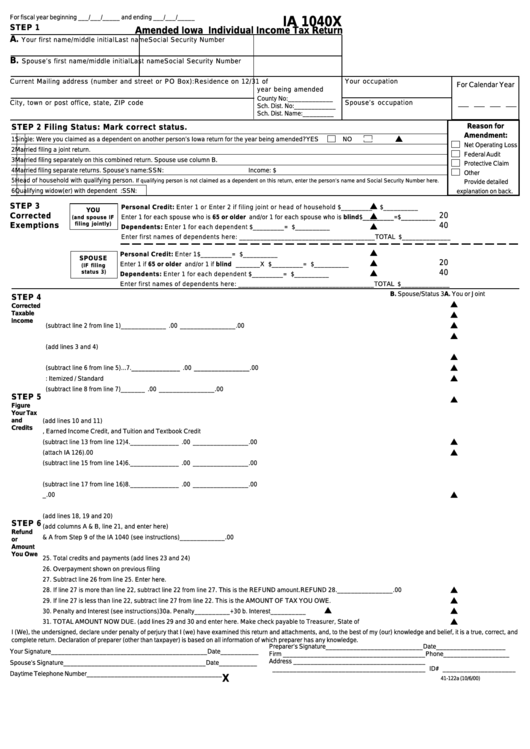 Form Ia 1040x - Amended Iowa Individual Income Tax Return - 2000 Printable pdf