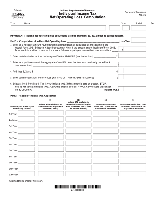 Fillable State Form 46004 - Schedule It-40nol - Individual Income Tax Net Operating Loss Computation Printable pdf