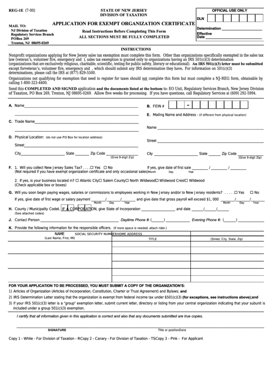 Fillable Form Reg-1e - Application For Exempt Organization Certificate - 2000 Printable pdf