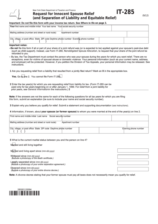 Fillable Form It-285 - Request For Innocent Spouse Relief (And Separation Of Liability And Equitable Relief) Printable pdf