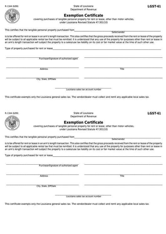 Form R-1344 - Exemption Certificate Printable pdf