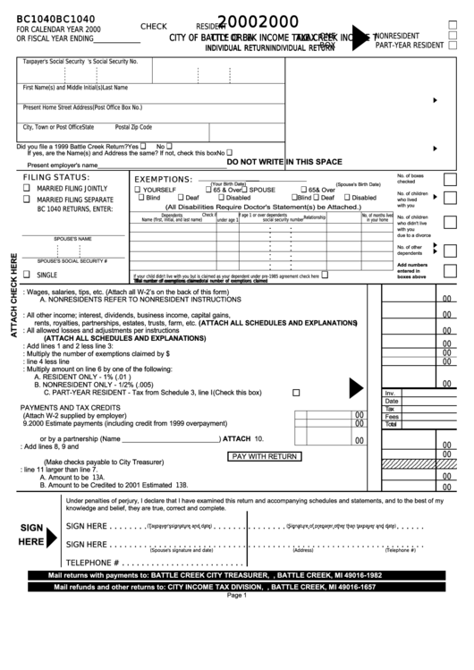 Form Bc1040 - Income Tax Individual Return - City Of Battle Creek - 2000 Printable pdf