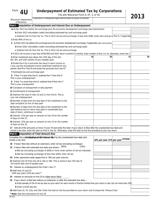 Form 4u - Underpayment Of Estimated Tax By Corporations - 2013 Printable pdf