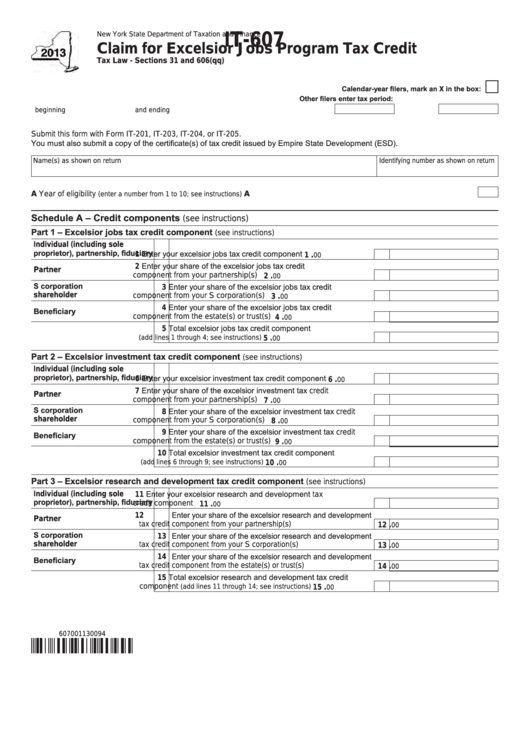 Fillable Form It-607 - Claim For Excelsior Jobs Program Tax Credit - 2013 Printable pdf