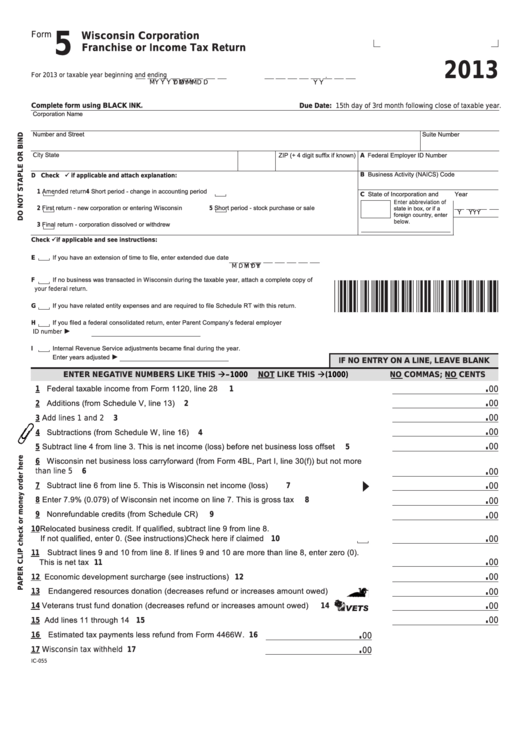 Form 5 - Wisconsin Corporation Franchise Or Income Tax Return - 2013 Printable pdf