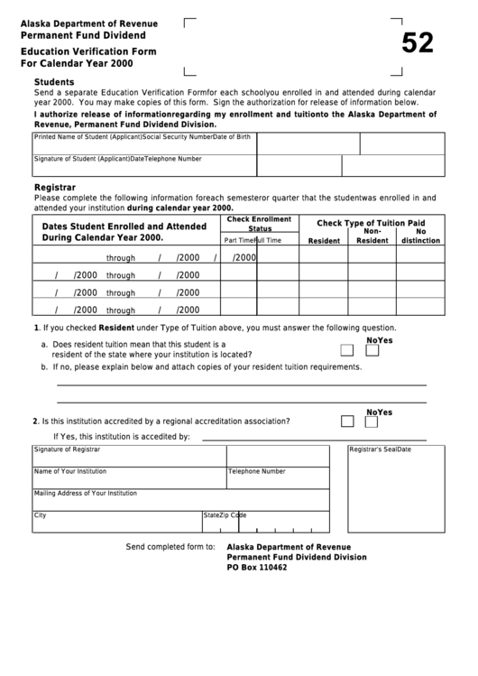 Education Verification Form - Alaska Department Of Revenue - 2000 Printable pdf