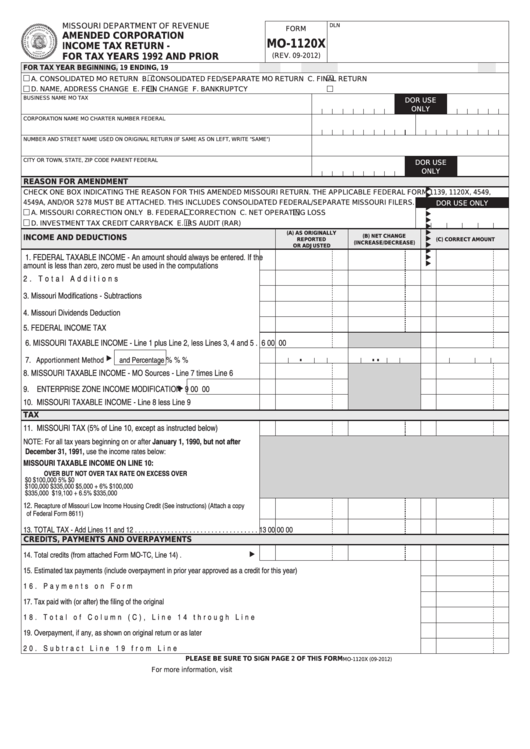 Fillable Form Mo-1120x - Amended Corporation Income Tax Return - For Tax Years 1992 And Prior Printable pdf