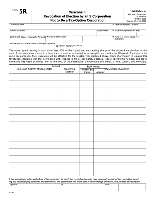 Form 5r - Wisconsin Revocation Of Election By An S Corporation Not To Be A Tax-Option Corporation Printable pdf