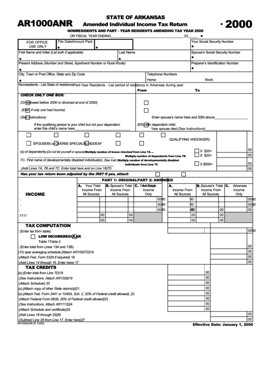 Form Ar1000anr - Amended Individual Income Tax Return - 2000 Printable pdf