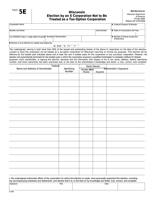 Form 5e - Wisconsin Election By An S Corporation Not To Be Treated As A Tax-Option Corporation Printable pdf