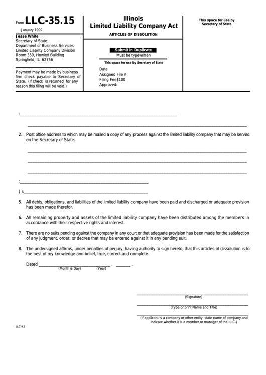 Form Llc 35 15 Articles Of Dissolution Illinois Secretary Of State