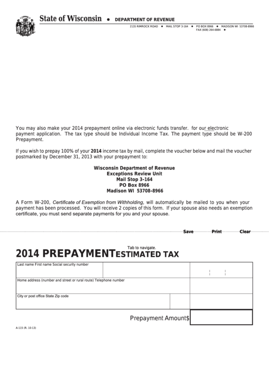 Fillable Form A-115 - Prepayment Estimated Tax - 2014 Printable pdf