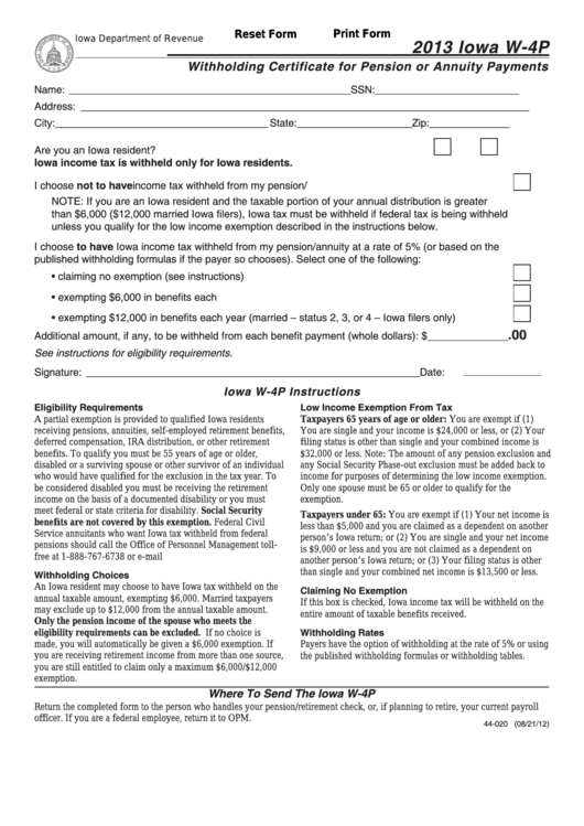 Fillable Iowa Form W-4p - Withholding Certificate For Pension Or Annuity Payments - 2013 Printable pdf