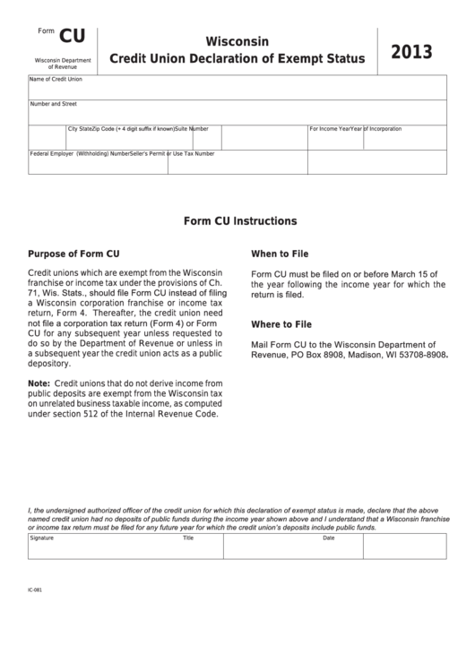 Form Cu - Wisconsin Credit Union Declaration Of Exempt Status - 2013 Printable pdf