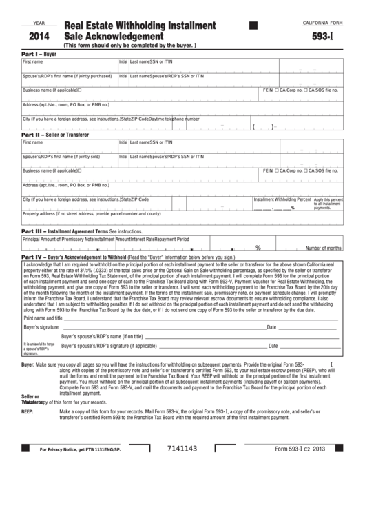 Fillable California Form 593-I - Real Estate Withholding Installment Sale Acknowledement - 2014 Printable pdf