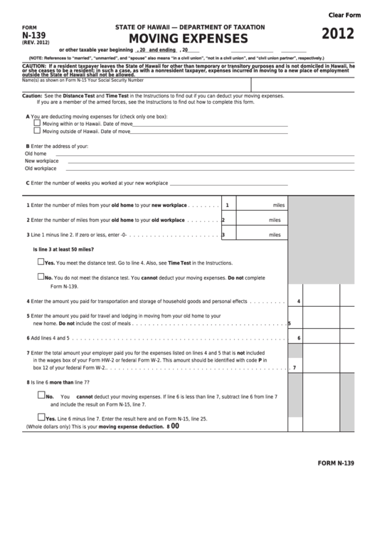 Fillable Form N-139 - Moving Expenses - 2012 Printable pdf