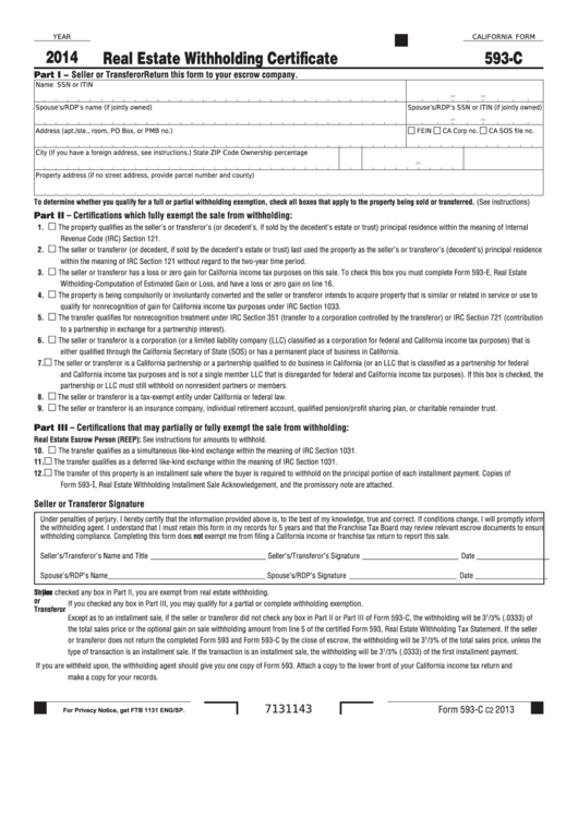 Fillable California Form 593-C - Real Estate Withholding Certificate - 2014 Printable pdf