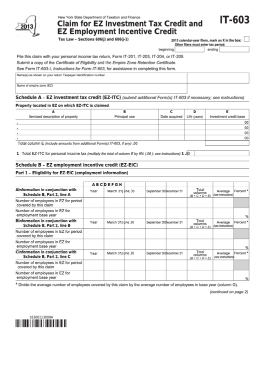Fillable Form It-603 - Claim For Ez Investment Tax Credit And Ez Employment Incentive Credit - 2013 Printable pdf