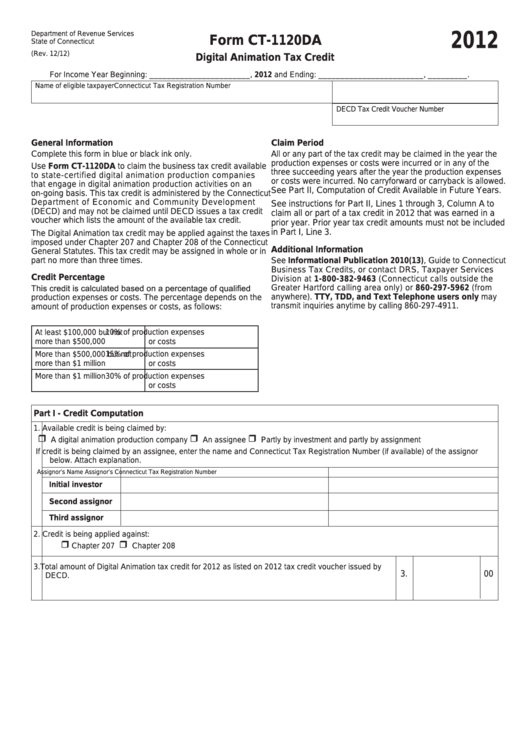 Form Ct-1120da - Digital Animation Tax Credit - 2012 Printable pdf