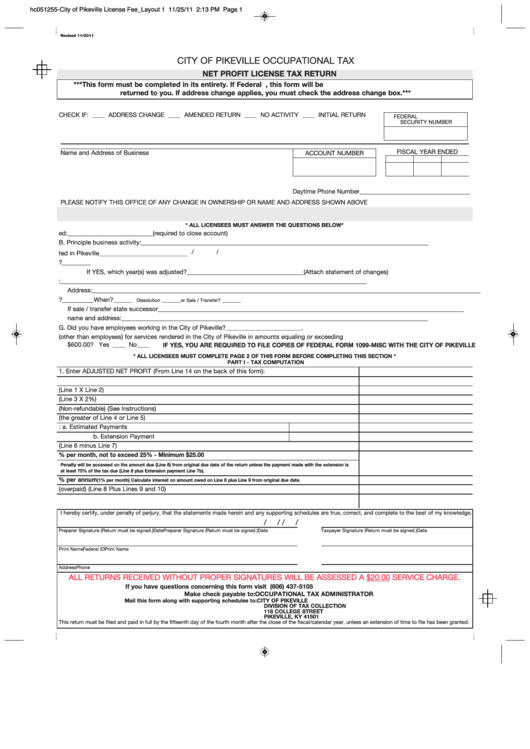 Fillable Net Profit License Tax Return Form - City Of Pikeville - 2011 Printable pdf