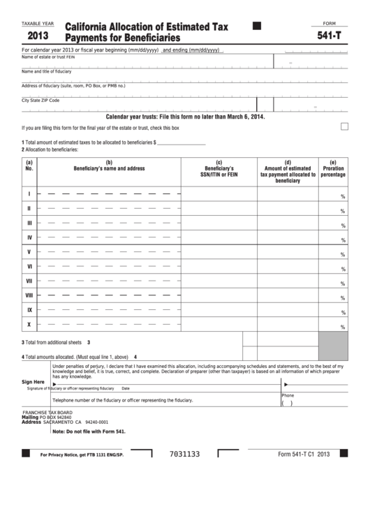 Fillable Form 541-T - California Allocation Of Estimated Tax Payments For Beneficiaries - 2013 Printable pdf