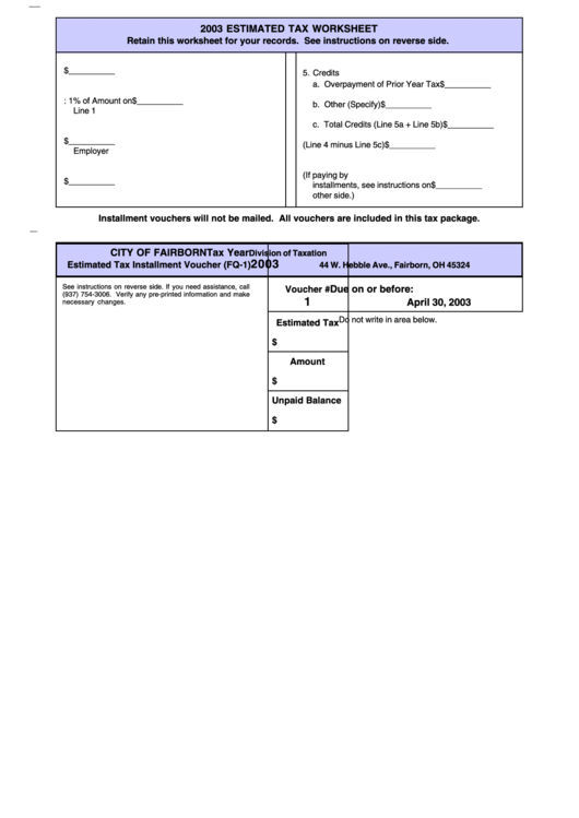 Form Fq-1 - Estimated Tax Installment Voucher - City Of Fairborn - 2003 Printable pdf