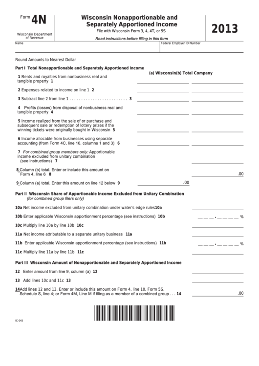 Form 4n - Wisconsin Nonapportionable And Separately Apportioned Income - 2013 Printable pdf