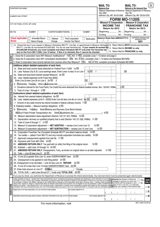 Fillable Form Mo-1120s - Missouri S Corporation Income Tax Return For 2012/missouri S Corporation Franchise Tax Return For 2013 Printable pdf