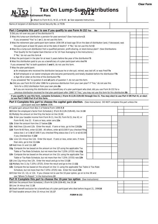 Fillable Form N-152 - Tax On Lump-Sum Distributions - 2012 Printable pdf
