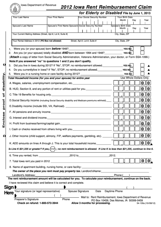 Form 54-130 - Iowa Rent Reimbursement Claim For Elderly Or Disabled - 2012 Printable pdf
