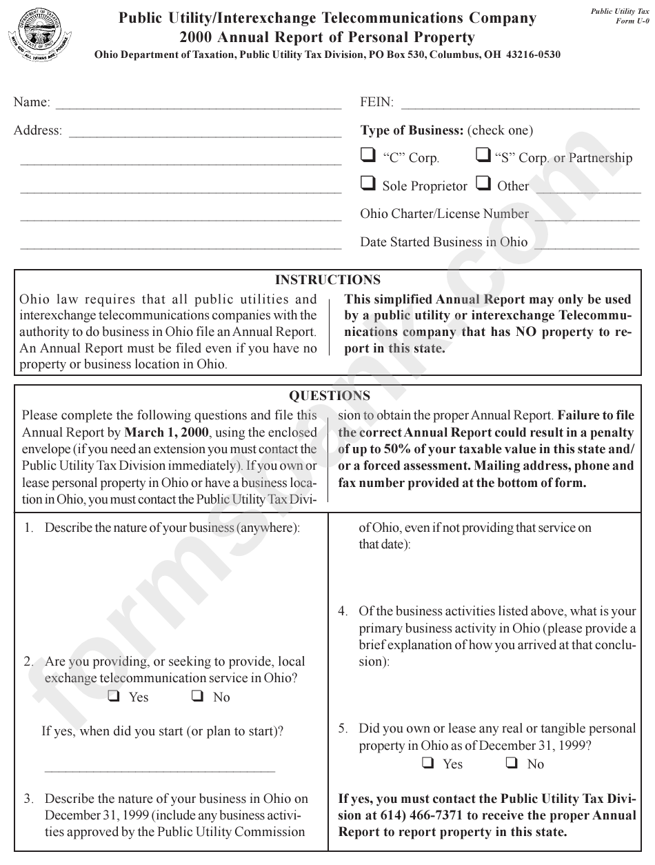 Form U-0 - Public Utility/interexchange Telecommunications Company Annual Report Of Personal Property - 2000