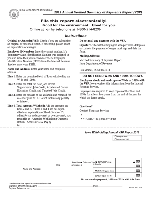 Form 44-007 - Iowa Withholding Annual Vsp Report - 2012 Printable pdf