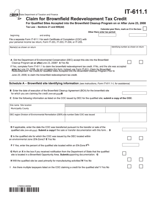 Fillable Form It-611.1 - Claim For Brownfield Redevelopment Tax Credit - 2013 Printable pdf