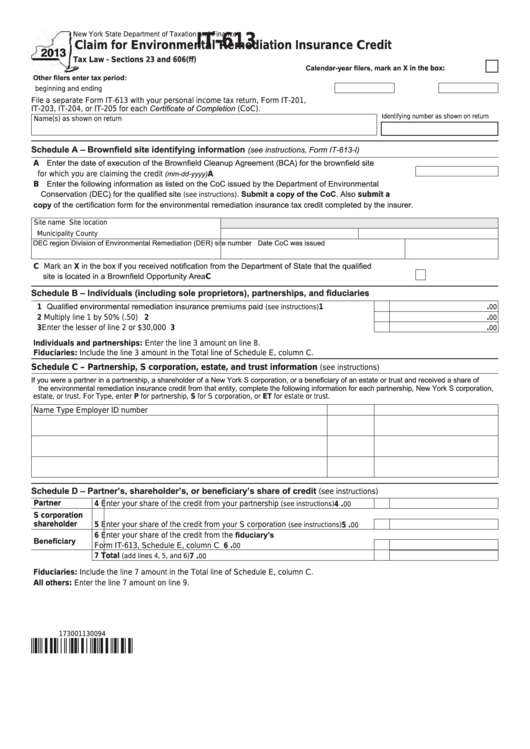 Fillable Form It-613 - Claim For Environmental Remediation Insurance Credit - 2013 Printable pdf