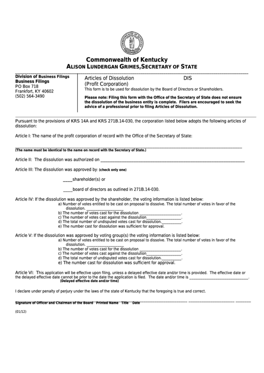 Fillable Articles Of Dissolution For A Profit Corporation - Kentucky Secretary Of State Printable pdf