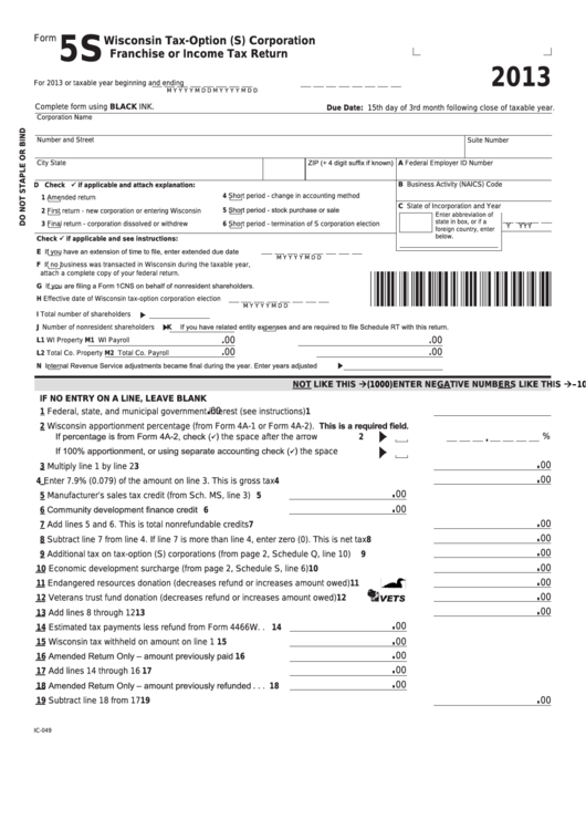 Form 5s - Wisconsin Tax-Option (S) Corporation Franchise Or Income Tax Return - 2013 Printable pdf