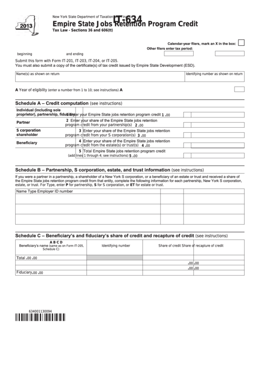 Fillable Form It-634 - Empire State Jobs Retention Program Credit - 2013 Printable pdf