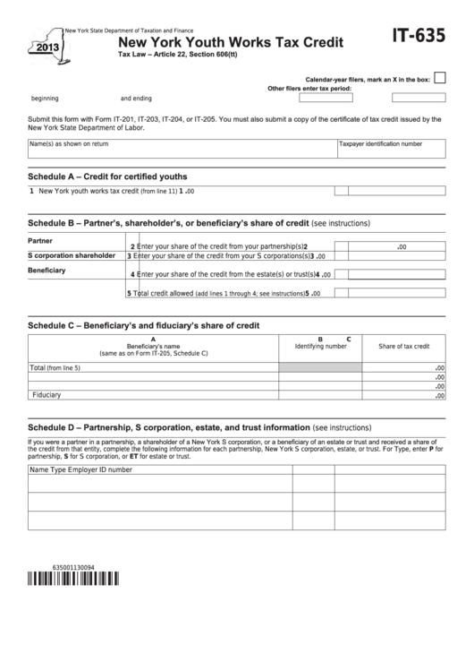 Fillable Form It-635 - New York Youth Works Tax Credit - 2013 Printable pdf