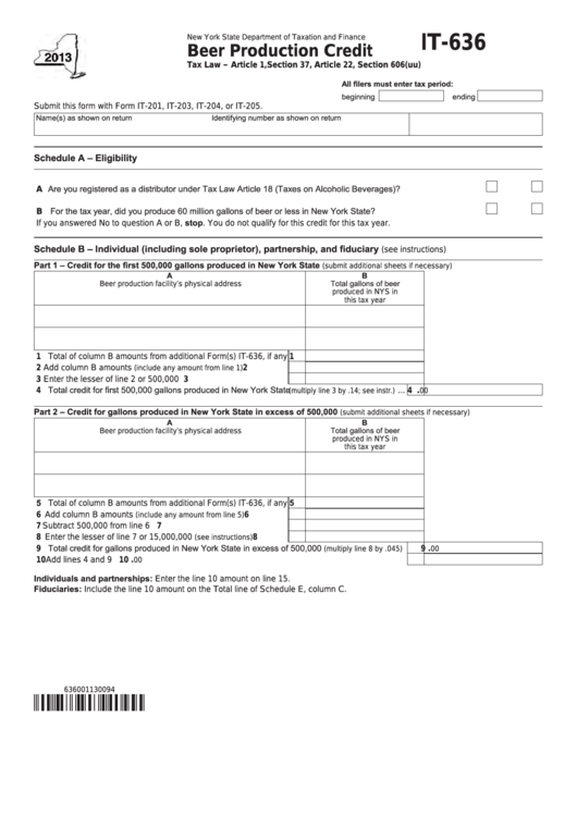 Fillable Form It-636 - Beer Production Credit - 2013 Printable pdf