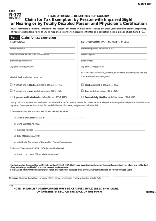 Form N-172 - Claim For Tax Exemption By Person With Impaired Sight Or Hearing Or By Totally Disabled Person And Physician's Certification