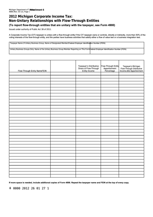 Form 4898 - Michigan Corporate Income Tax: Non-Unitary Relationships With Flow-Through Entities - 2012 Printable pdf