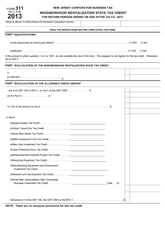 Fillable Form 311 - Neighborhood Revitalization State Tax Credit - 2013 Printable pdf