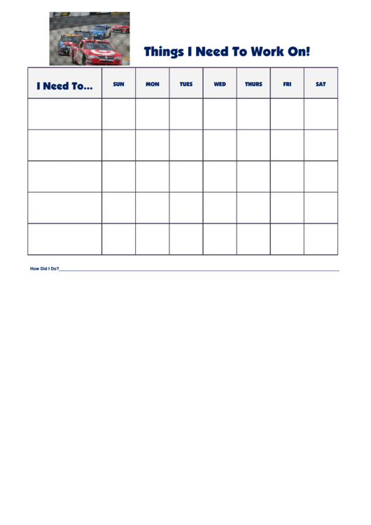 Things I Need To Work On Chart - Nascar Line Printable pdf