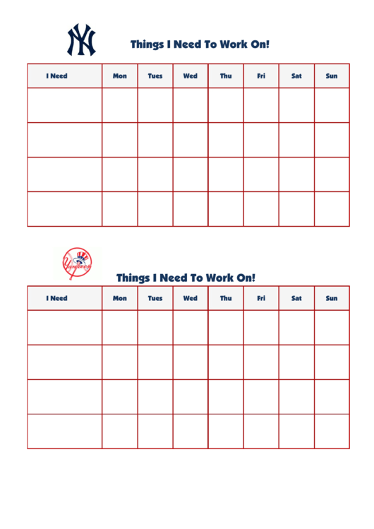 Things I Need To Work On Chart - New York Yankees Double Printable pdf